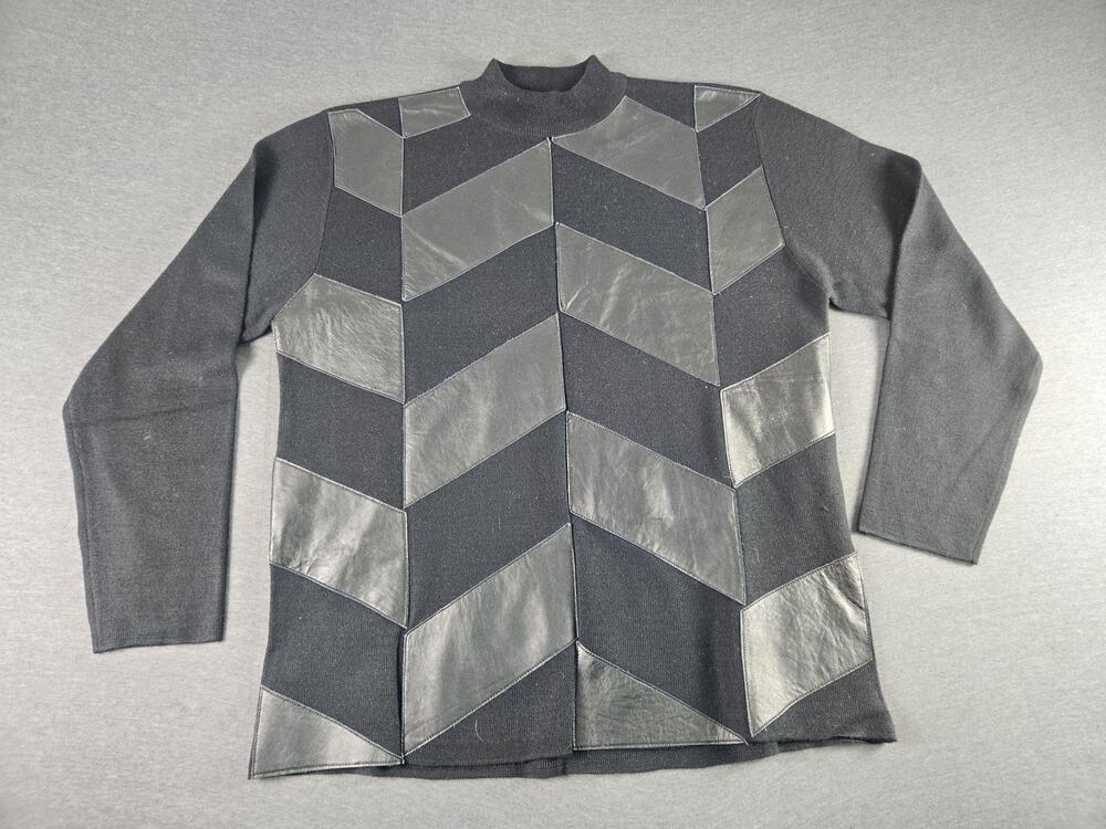 Vintage Protege 90s Sweater Mens Large Gray Mock Neck Leather Trim Geometric